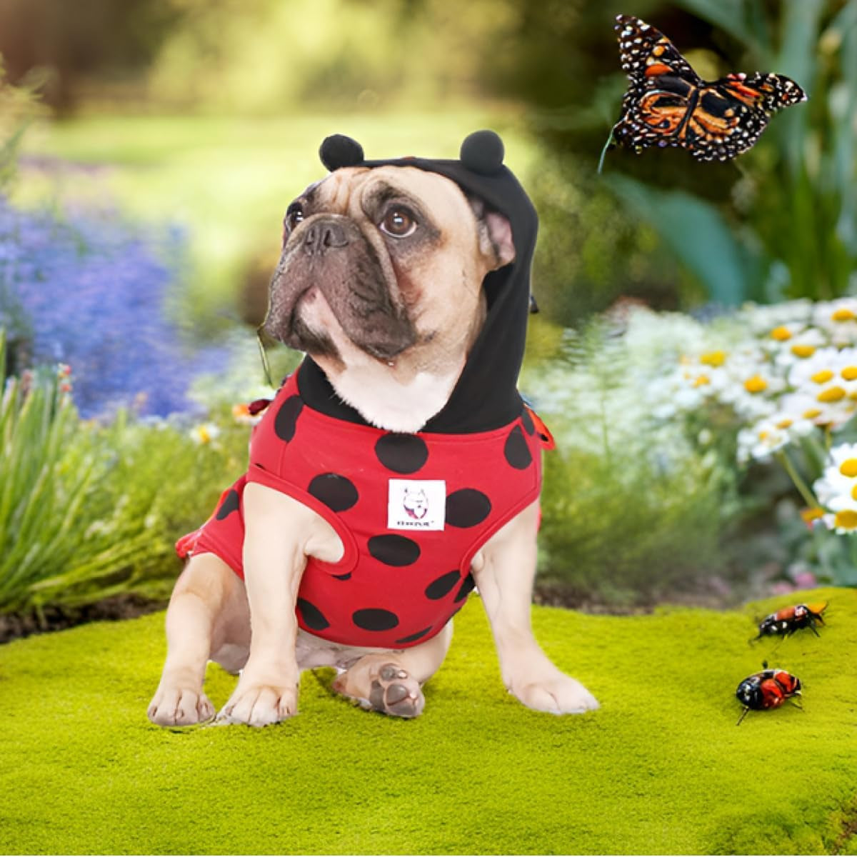 Pug Ladybug Ladybird Lady Bug Caterpillar Insect Halloween Costumes Hoodies Sleeveless Clothes Outfits Cosplay Shirts for Dogs French Bulldog Frenchie Boston Puppy - Black Red, Small
